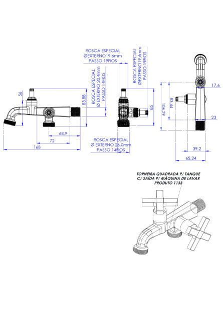 1133 - TORNEIRA QUADRADA PARA TANQUE COM SAÍDA PARA MÁQUINA DE LAVAR