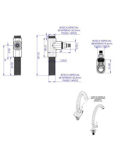1166 - CORPO TORNEIRA MESA QUADRADA TUBO UNIV