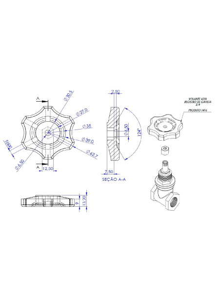 1416 - VOLANTE AZUL PARA REGISTRO DE GAVETA 3/4