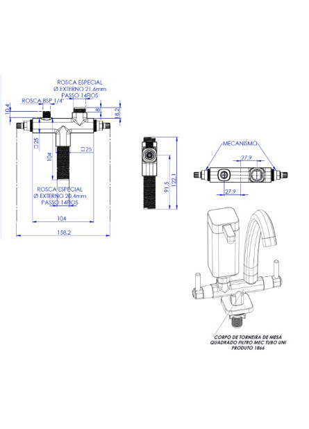 1866-PI - CORPO TORNEIRA MESA QUAD FILTRO MEC TUBO UNIV PR