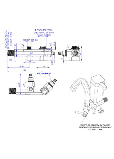 1868-IMP - CORPO TORNEIRA PAREDE QUAD FILTRO MECA TUBO UNIV