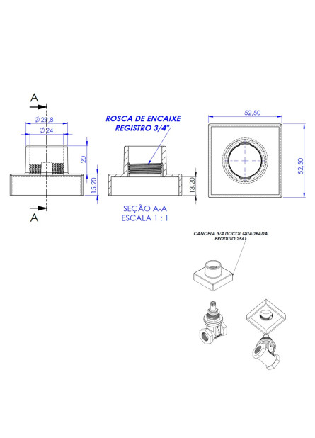 2561 - CANOPLA 3/4 DOCOL QUADRADA CROMADA