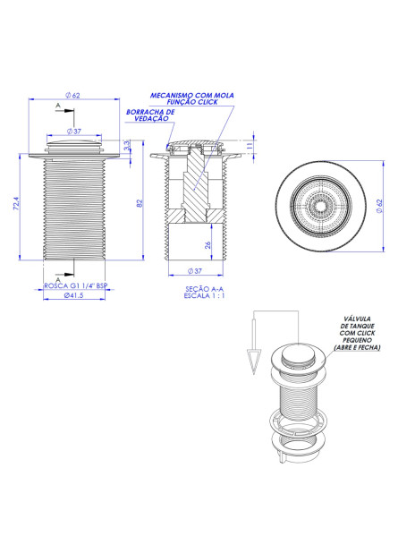 3490-P - VALVULA CLICK DE TANQUE C/ BOTÃO PEQ PR