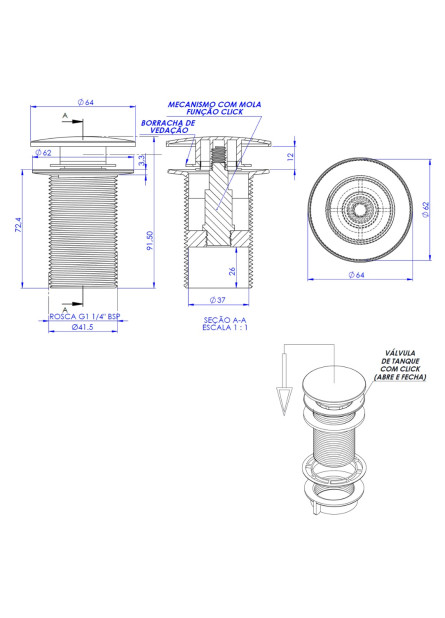 3491-B - VALVULA CLICK DE TANQUE C/ BOTÃO GR BR