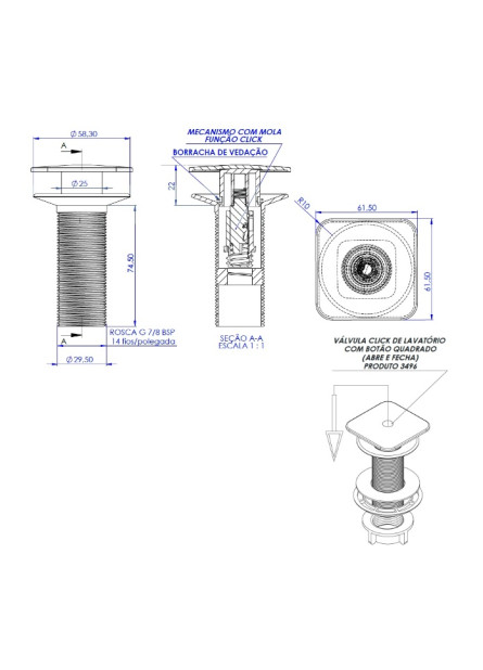 3496 - VALVULA CLICK DE LAVT. C/ BOTÃO GR CR QD
