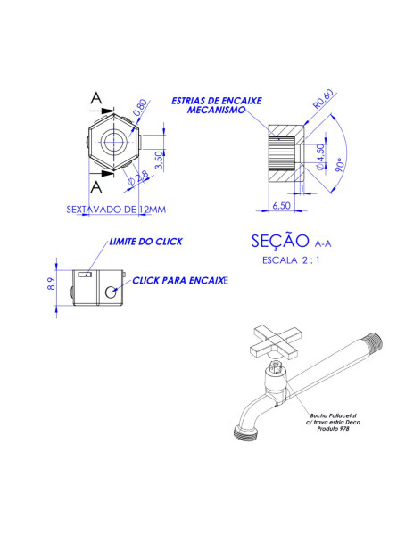 978 - BUCHA POLIACETAL COM TRAVA ESTRIA DECA